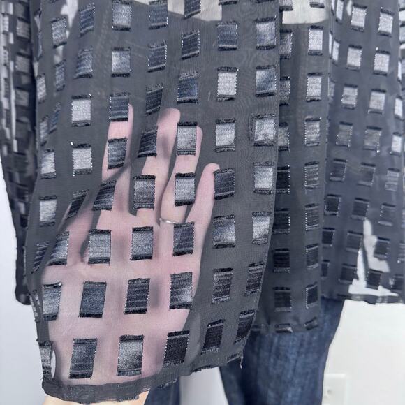 Vintage Sheer Black Grid Blouse Mesh Button Up Y2K Grunge Officecore Large - Picture 7 of 8